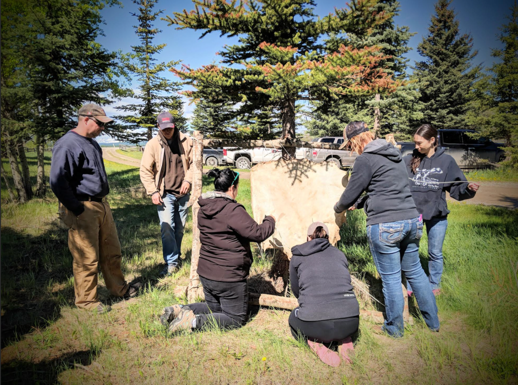 a small group of people preparing a hide for stretching